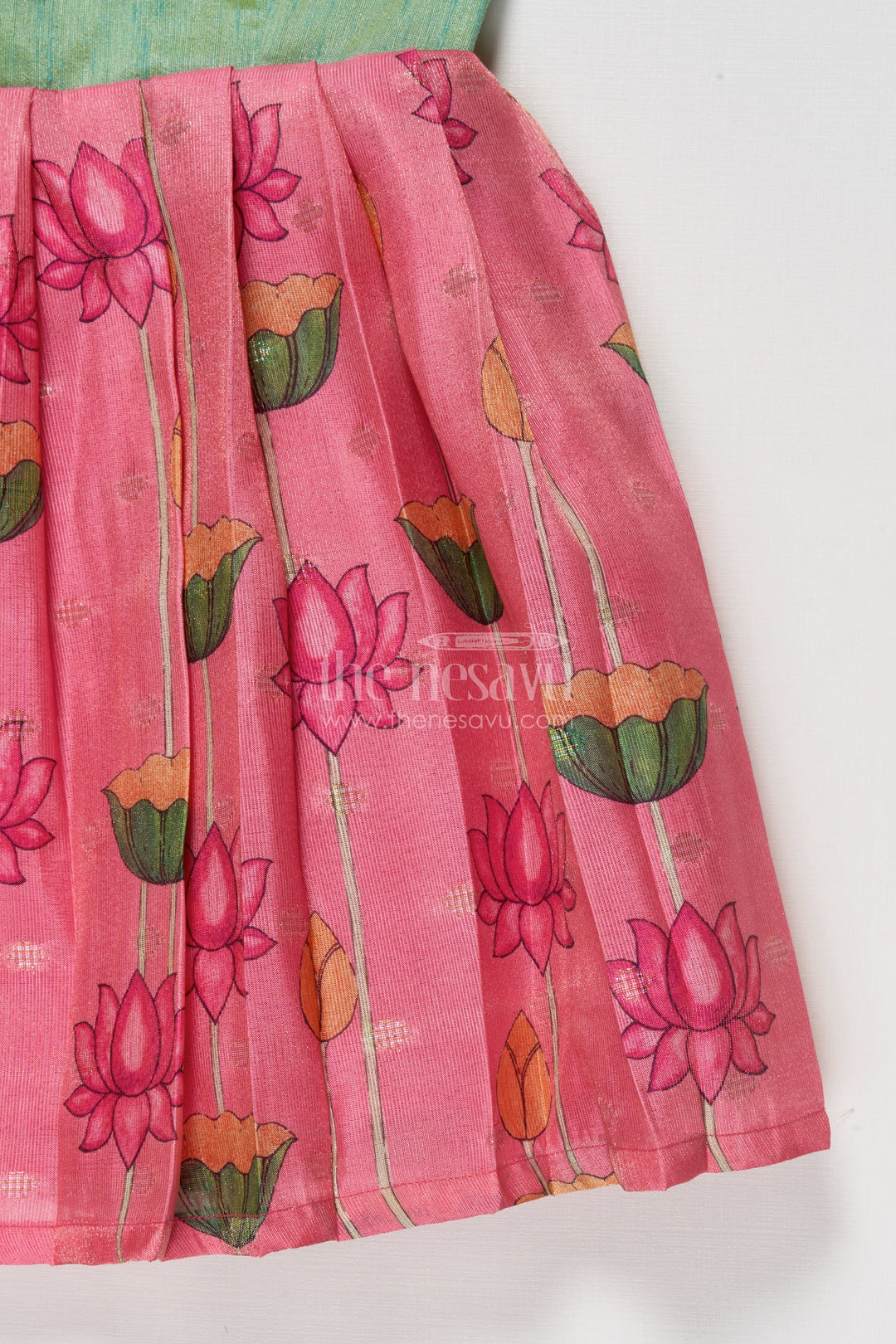 The Nesavu Silk Frock Ethnic Silk Frock for Baby Girl for Festive Wear and Birthday Dressing Nesavu Nesavu baby girl ethnic silk frock with floral lotus print and raw silk yoke for birthdays and poojas