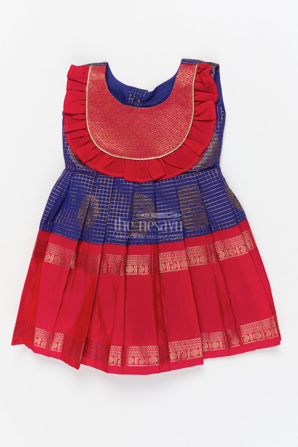 The Nesavu Girls Kanchi Silk Frock Ethnic Silk Frock for Baby Girls with Zari Checks and Festive Neckline Nesavu 10 (NB) / Red / Style 2 KSF036KB-10 Nesavu baby girl ethnic silk frock with zari checks and frilled festive neckline