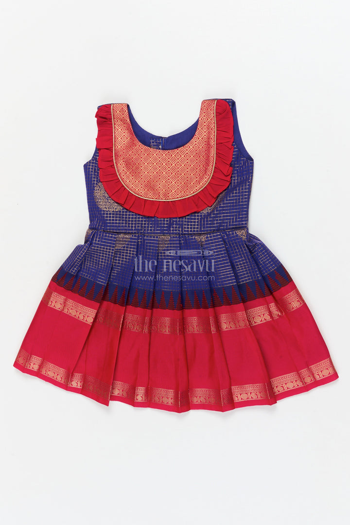 The Nesavu Girls Kanchi Silk Frock Ethnic Silk Frock for Baby Girls with Zari Checks and Festive Neckline Nesavu 12 (3M) / Red / Style 1 KSF036KA-12 Nesavu baby girl ethnic silk frock with zari checks and frilled festive neckline