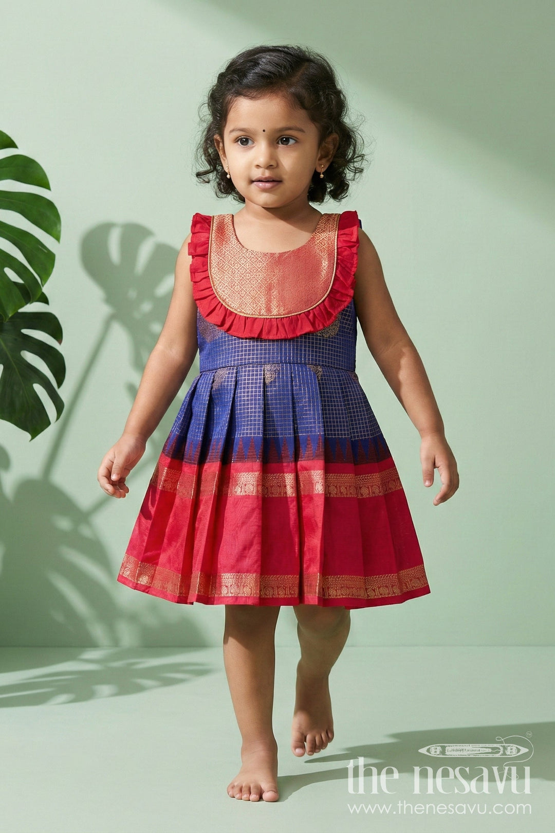 The Nesavu Girls Kanchi Silk Frock Ethnic Silk Frock for Baby Girls with Zari Checks and Festive Neckline Nesavu 12 (3M) / Red / Style 1 KSF036KA-12 Nesavu baby girl ethnic silk frock with zari checks and frilled festive neckline