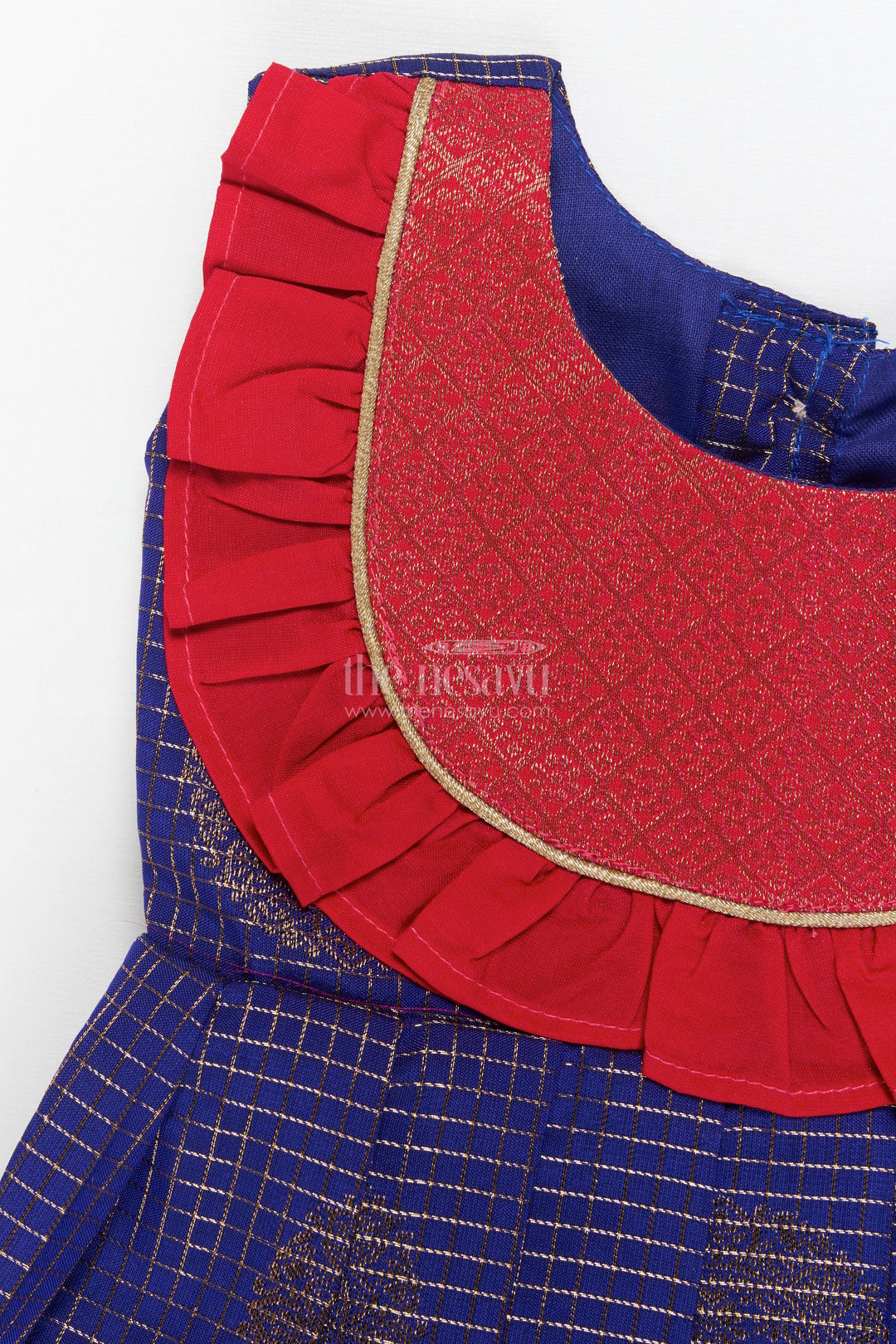The Nesavu Girls Kanchi Silk Frock Ethnic Silk Frock for Baby Girls with Zari Checks and Festive Neckline Nesavu Nesavu baby girl ethnic silk frock with zari checks and frilled festive neckline