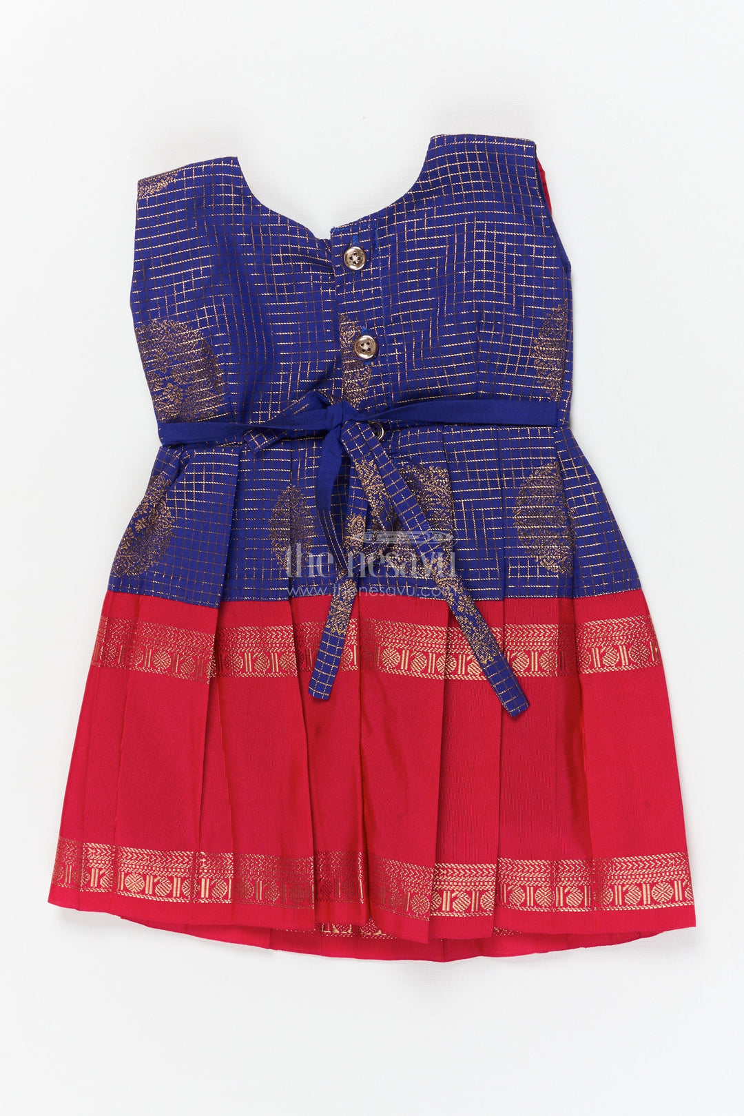The Nesavu Girls Kanchi Silk Frock Ethnic Silk Frock for Baby Girls with Zari Checks and Festive Neckline Nesavu Nesavu baby girl ethnic silk frock with zari checks and frilled festive neckline