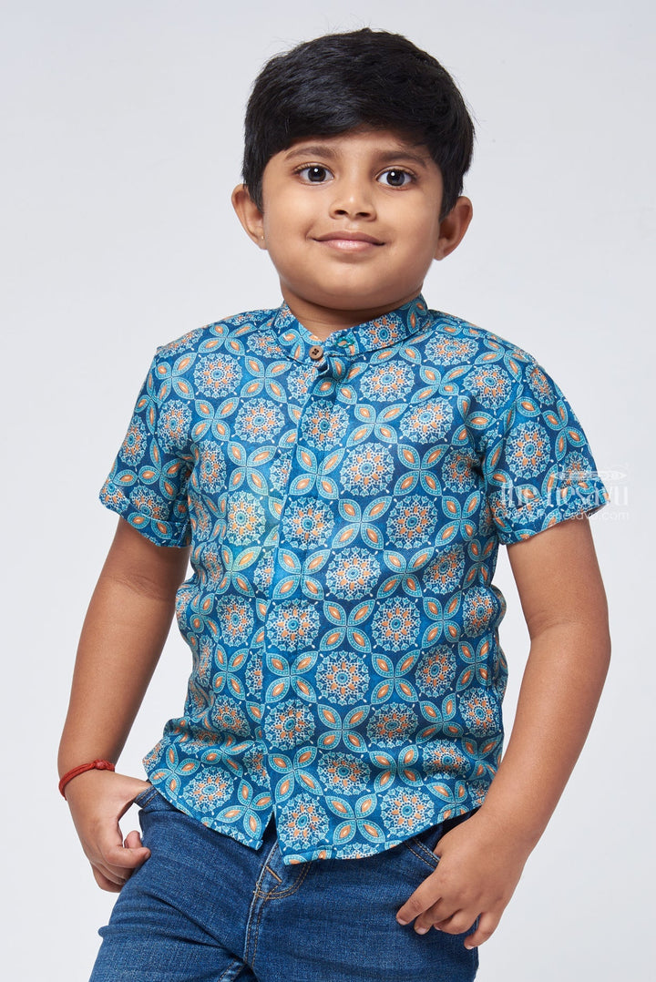 The Nesavu Boys Linen Shirt Ethnic Treasures: Linen Boys' Shirt with Rich Traditional Indie Prints for a Unique Style Nesavu 14 (6M) / Blue / Linen BS069-14 Linen Boys Shirt with Rich Traditional Indie Prints | Buy Premium Boys Shirts | The Nesavu