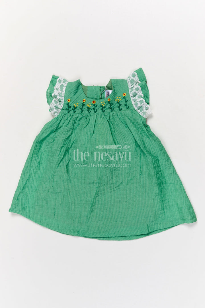 The Nesavu Baby Cotton Frocks Everyday Baby Cotton Frock with Embroidery and Lace Details Nesavu 16 (1Y) / Green / Cotton Blend GFC1915B-16 Nesavu embroidered baby cotton frock with lace sleeves for daily wear and soft summer style