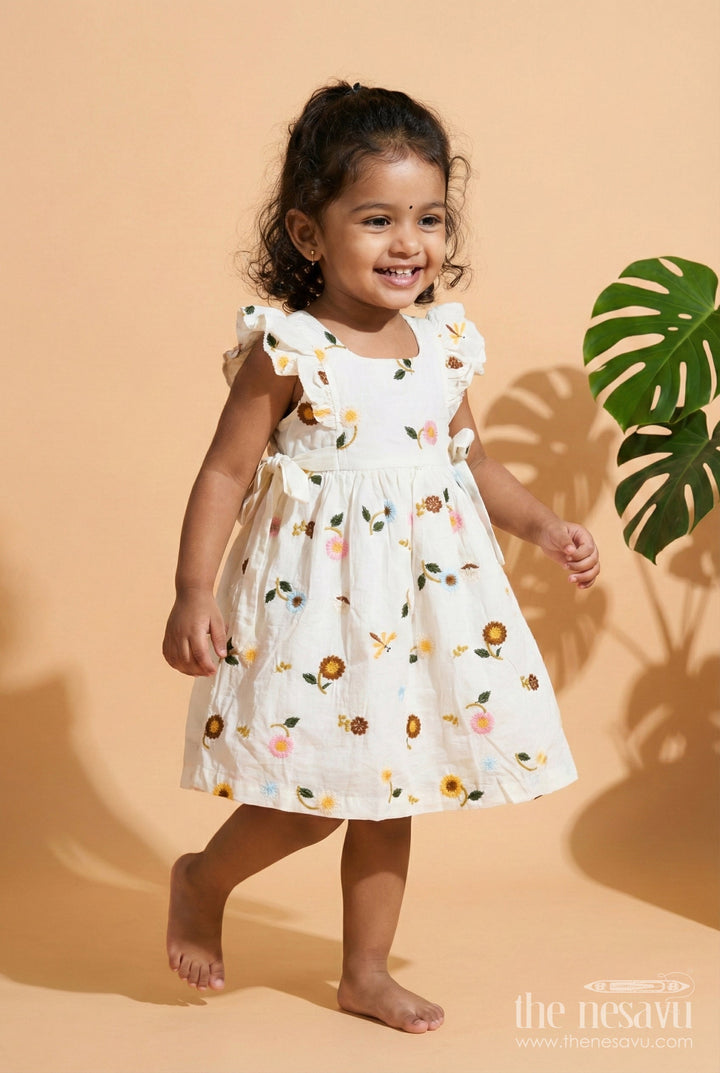 The Nesavu Girls Cotton Frock Everyday Cotton Frock for Baby Girls with Floral Threadwork Nesavu 20 (3Y) / Half white GFC1994B-20 Nesavu baby girl cotton frock floral embroidery perfect everyday wear play