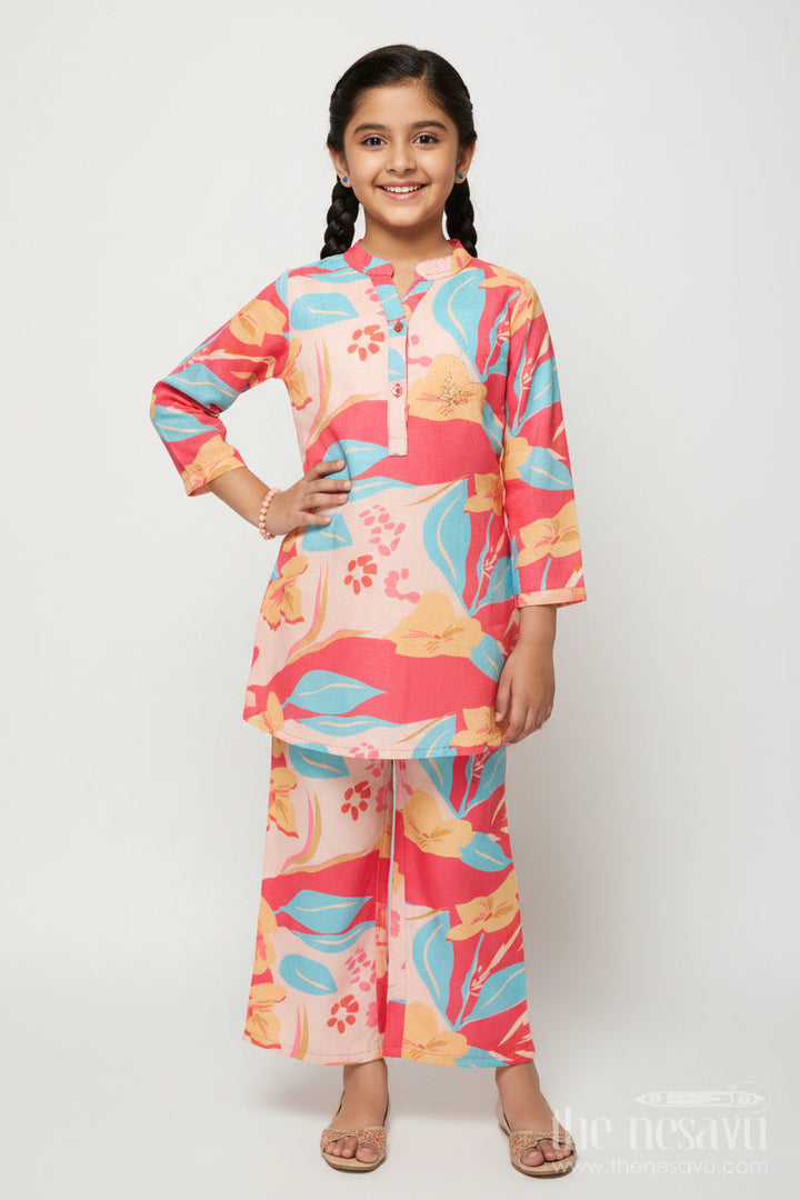 The Nesavu Girls Casual Set Everyday Ethnic Floral Printed Set with Straight-Cut Pants for Kids Nesavu 24 (5Y) / Orange GPS876A-24 Nesavu girls floral printed cotton kurta pant set everyday ethnic wear