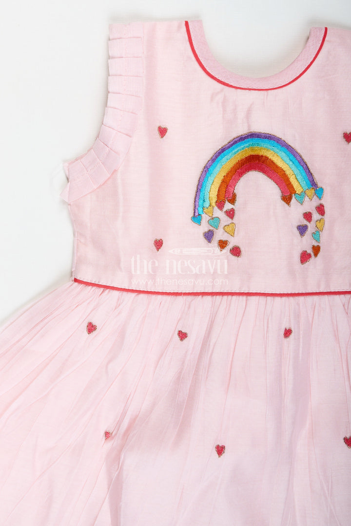The Nesavu Girls Chanderi Frock Everyday Ethnic Frock for Girls Chanderi Party Style Nesavu Nesavu Girls Pink Chanderi Cotton Party Frock Rainbow Embroidery Heart Motifs Festive Style