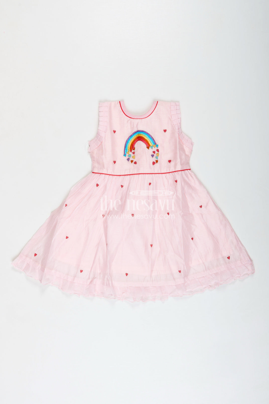 The Nesavu Girls Chanderi Frock Everyday Ethnic Frock for Girls Chanderi Party Style Nesavu Nesavu Girls Pink Chanderi Cotton Party Frock Rainbow Embroidery Heart Motifs Festive Style