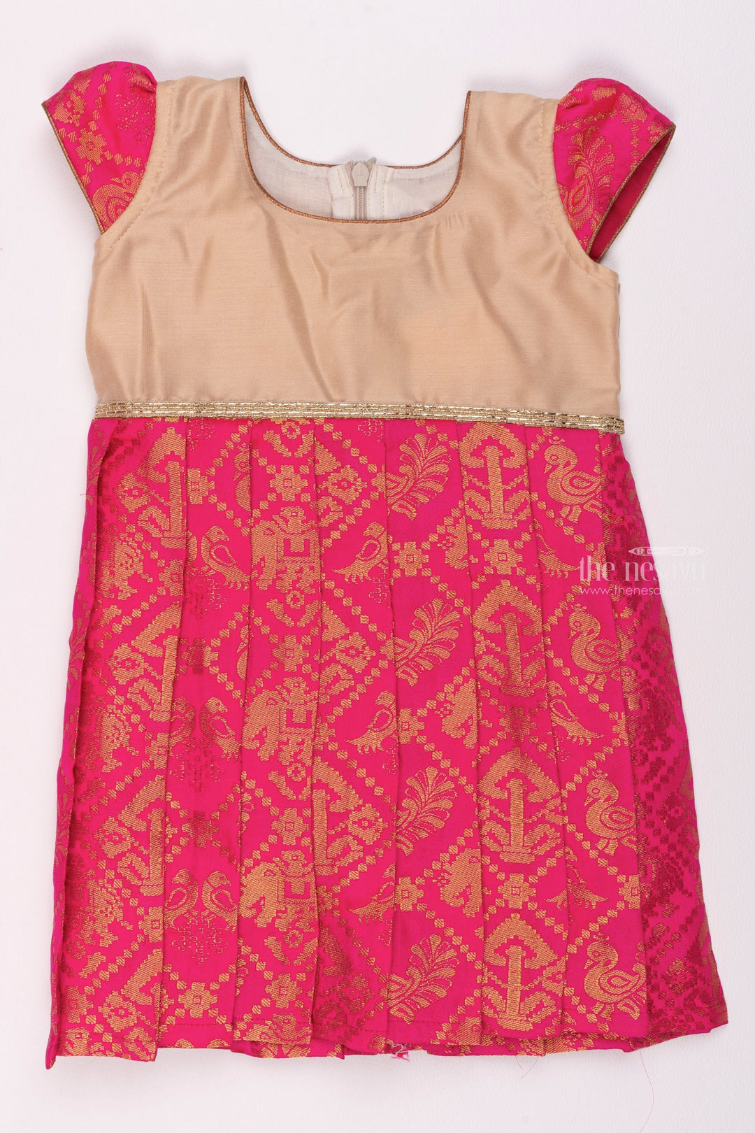 The Nesavu Silk Frock Exotic Animal Motif in Pink Pleats with Neutral Beige Yoke: Wild and Elegant for Young Ladies Nesavu 16 (1Y) / Pink / Banarasi SF706-16 Baby Ethnic Frock | Pattu Frock for Baby Girls | The Nesavu