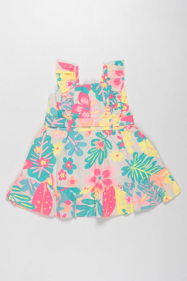 The Nesavu Girls Cotton Frock Exotic Garden Sleeveless Cotton Frock for Girls - Frilled Hem and Vibrant Print Nesavu Girls Floral Cotton Frock | Sleeveless Summer Dress with Frills Online | The Nesavu