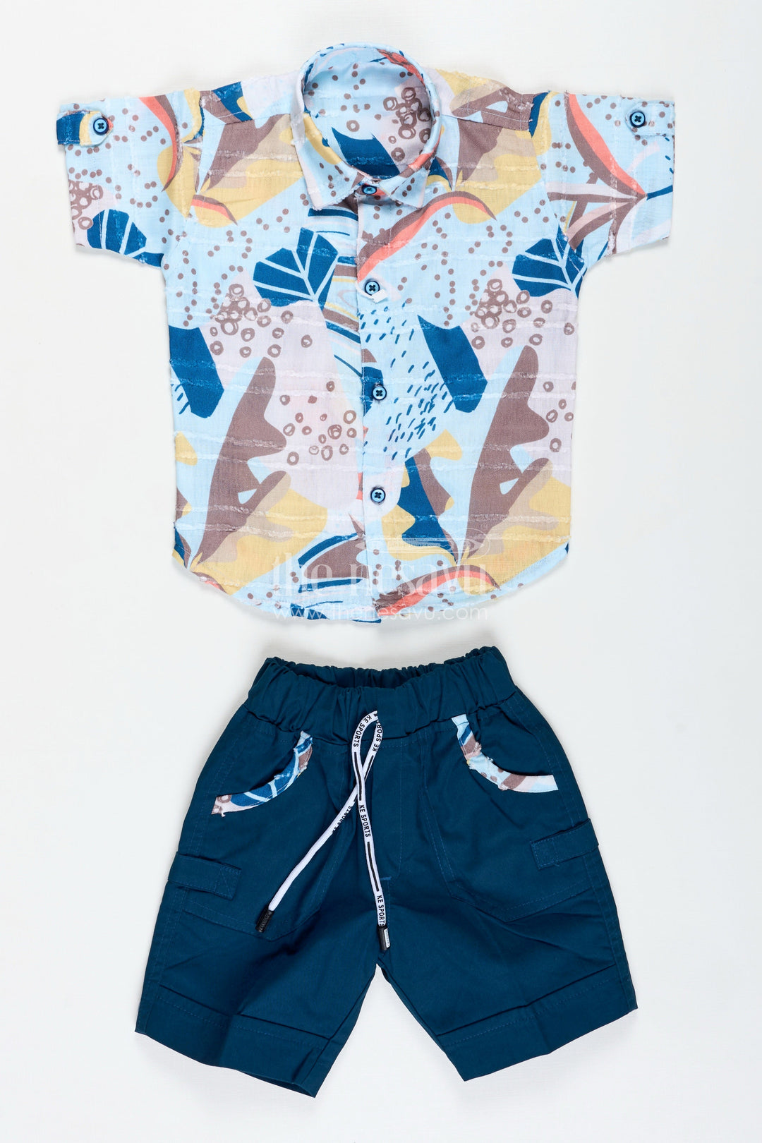 The Nesavu Boys Casual Set Explorer Shirt and Shorts Set for Baby Boys Nesavu 16 (1Y) / Multicolor BCS350A-16 Nesavu Cotton Explorer Outfit Baby Boys Colorful Print Shirt Navy Shorts