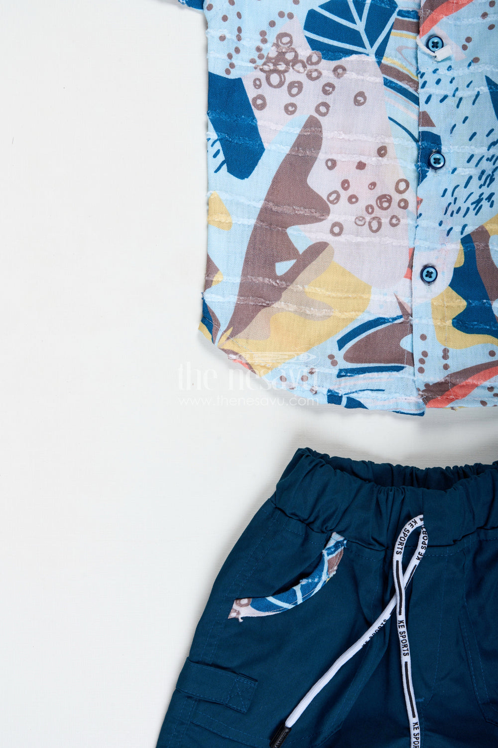 The Nesavu Boys Casual Set Explorer Shirt and Shorts Set for Baby Boys Nesavu Nesavu Cotton Explorer Outfit Baby Boys Colorful Print Shirt Navy Shorts