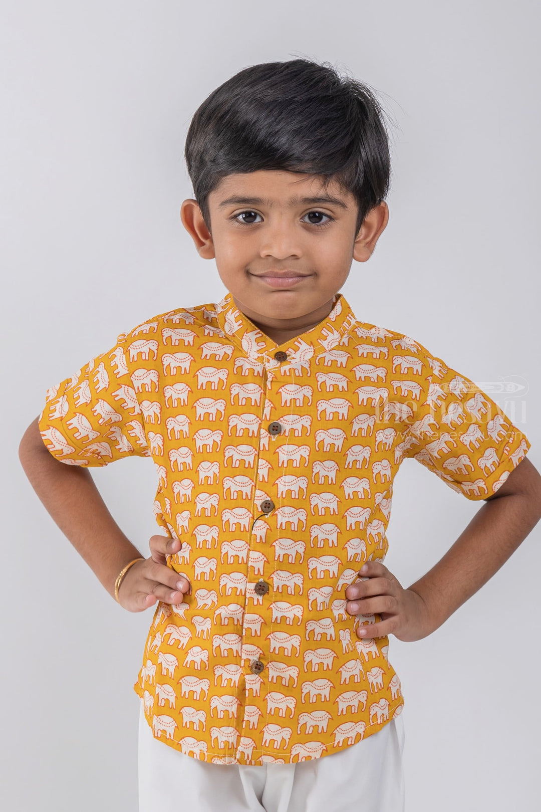 The Nesavu Boys Cotton Shirt Express Your Child's Love for Animals with Boys' Elephant Print Shirt | Pure Cotton | Nesavu psr silks Nesavu 14 (6M) / Yellow / Cotton BS037A