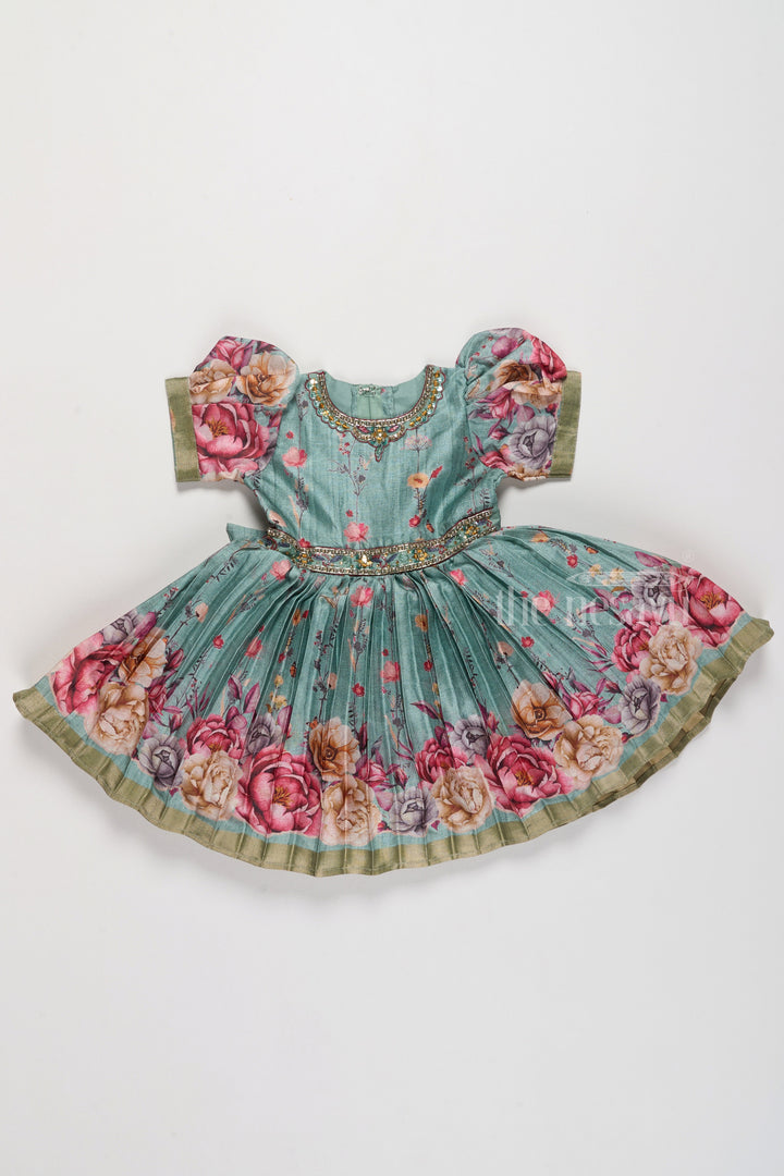 The Nesavu Silk Party Frock Exquisite Evening Party Frocks for Girls with Floral Prints and Embellished Neckline Nesavu Nesavu Evening Party Frock Girls Silk Floral Prints Elegant Embellishments