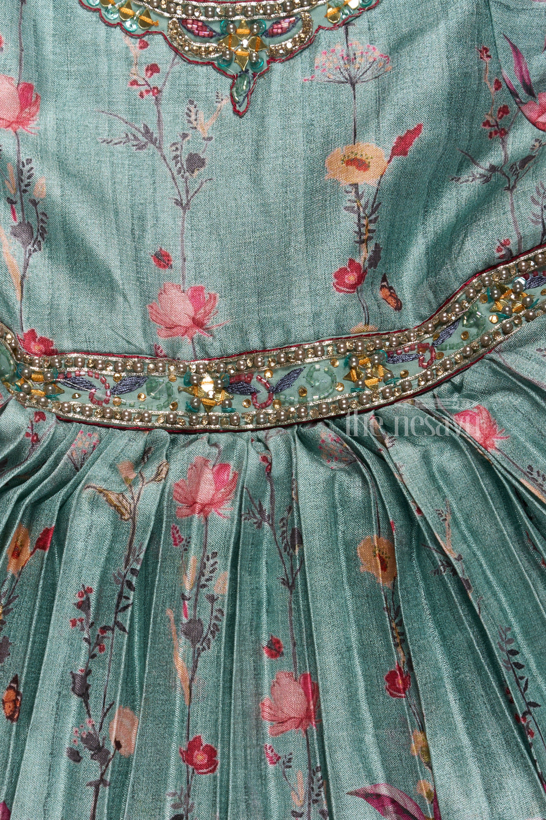 The Nesavu Silk Party Frock Exquisite Evening Party Frocks for Girls with Floral Prints and Embellished Neckline Nesavu Nesavu Evening Party Frock Girls Silk Floral Prints Elegant Embellishments