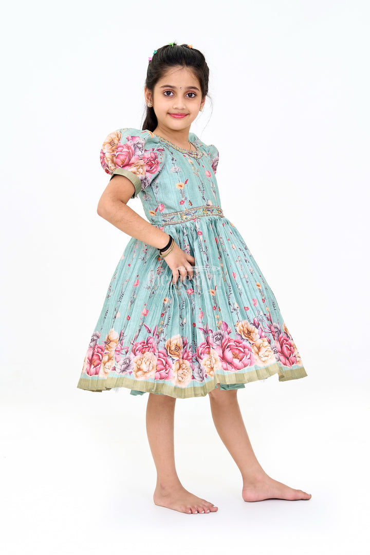 The Nesavu Silk Party Frock Exquisite Evening Party Frocks for Girls with Floral Prints and Embellished Neckline Nesavu Nesavu Evening Party Frock Girls Silk Floral Prints Elegant Embellishments