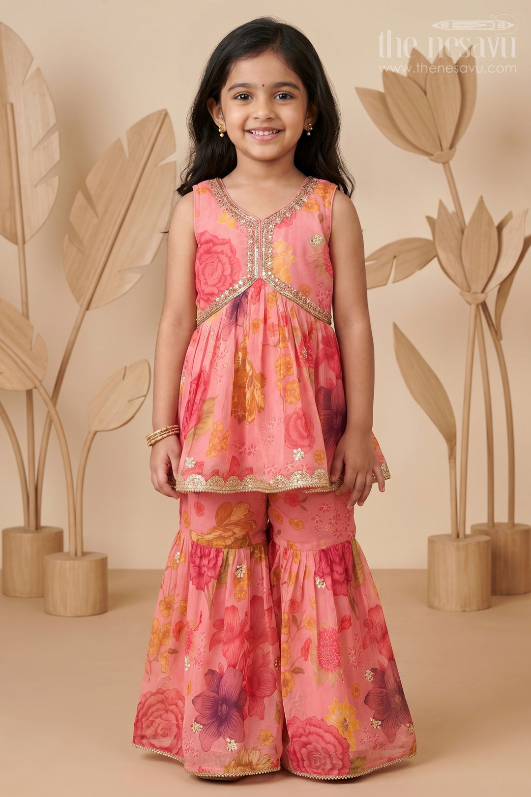 The Nesavu Girls Sharara / Plazo Set Exquisite Girls Bridal Sharara Dress in Red with Printed Organza and Delicate Floral Embellishments Nesavu 16 (1Y) / Red GPS414B-16 Nesavu Girls Bridal Sharara Dress Printed Organza Vibrant Red Floral Motifs Dupatta