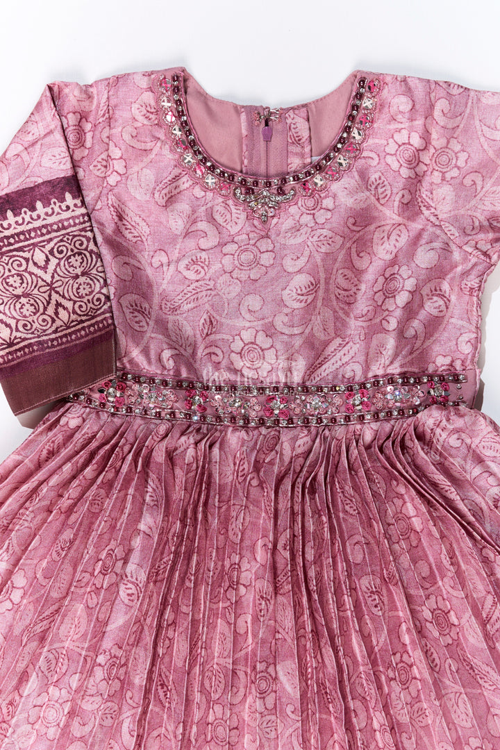 The Nesavu Girls Party Gown Exquisite Gown for Wedding Party with Pichwai Theme Semi Raw Silk and Embellished Waistline Nesavu Exquisite Gown Wedding Party Pichwai Theme Semi Raw Silk Embellished Waistline | The Nesavu