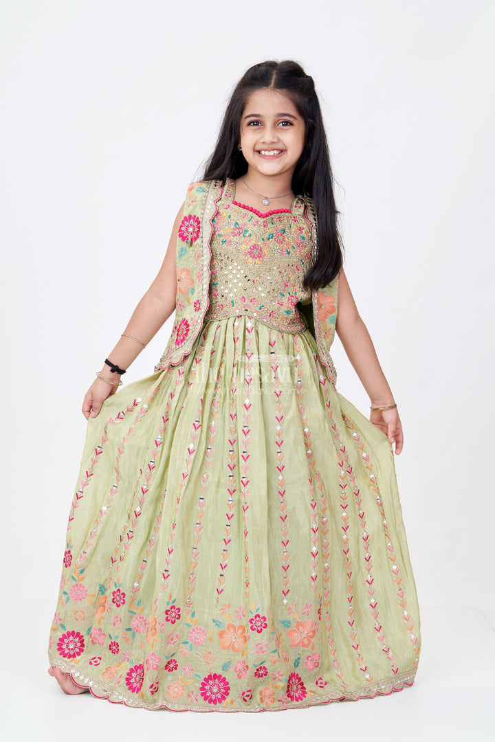 The Nesavu Girls Lehenga Choli Exquisite Green Lehenga for Girls with Floral Embroidery and Mirror Work Choli Nesavu 24 (5Y) / Green GL595A-24 Nesavu Exquisite Green Lehenga Girls Floral Embroidery Mirror Work Choli