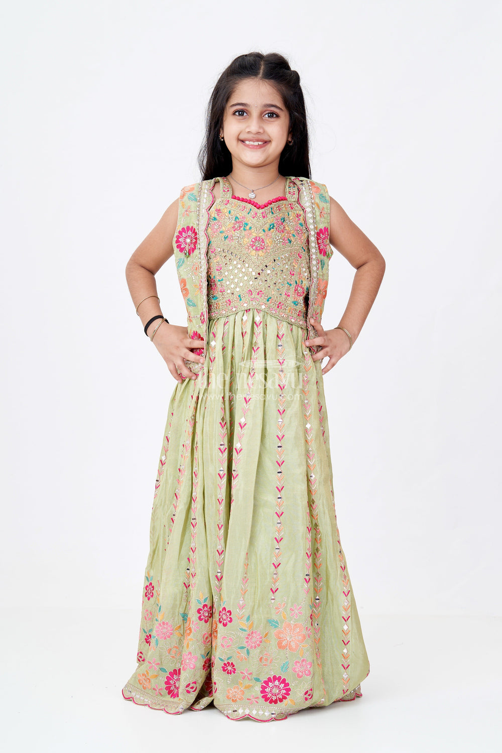The Nesavu Girls Lehenga Choli Exquisite Green Lehenga for Girls with Floral Embroidery and Mirror Work Choli Nesavu Nesavu Exquisite Green Lehenga Girls Floral Embroidery Mirror Work Choli