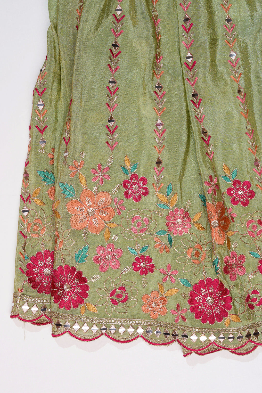 The Nesavu Girls Lehenga Choli Exquisite Green Lehenga for Girls with Floral Embroidery and Mirror Work Choli Nesavu Nesavu Exquisite Green Lehenga Girls Floral Embroidery Mirror Work Choli
