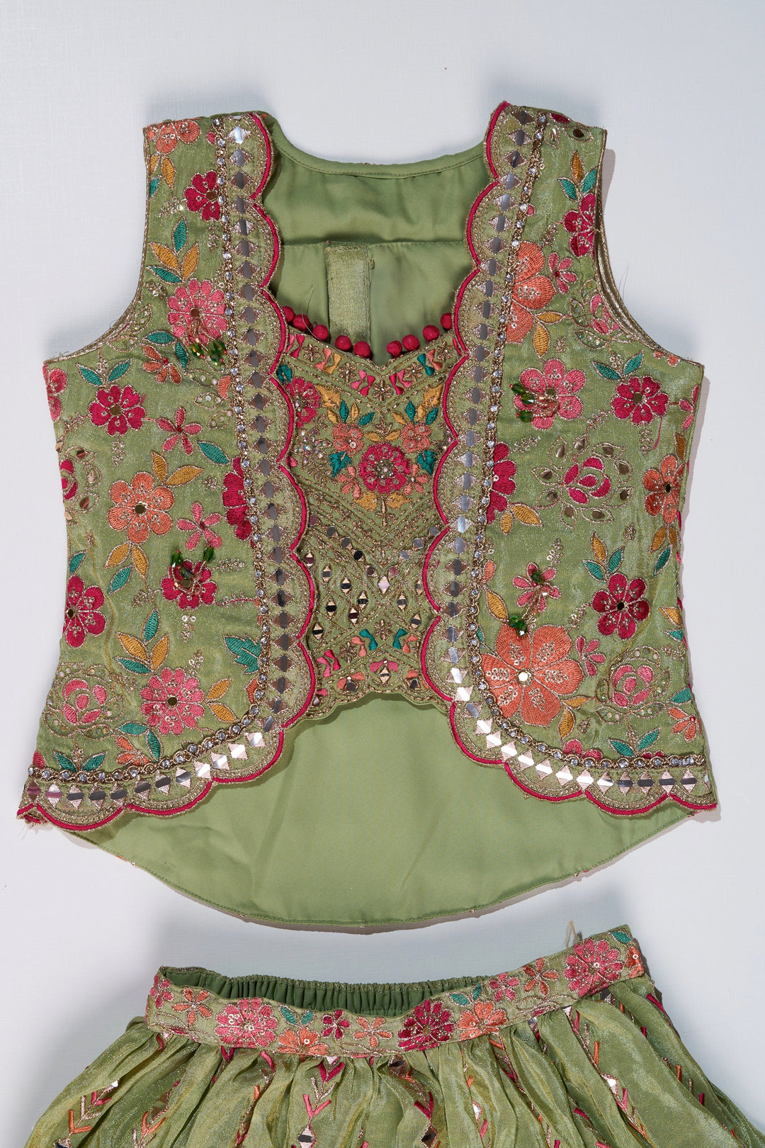 The Nesavu Girls Lehenga Choli Exquisite Green Lehenga for Girls with Floral Embroidery and Mirror Work Choli Nesavu Nesavu Exquisite Green Lehenga Girls Floral Embroidery Mirror Work Choli