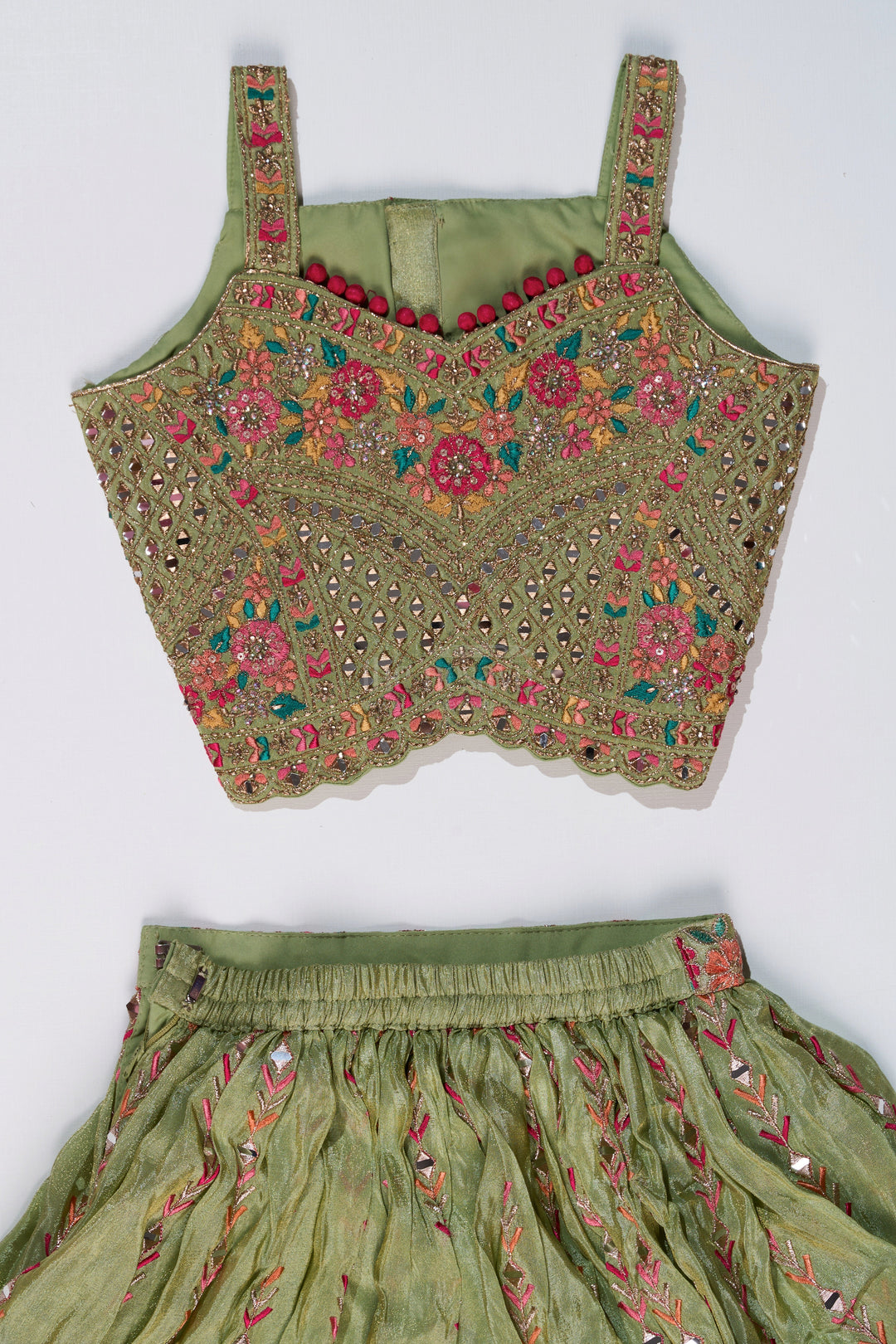 The Nesavu Girls Lehenga Choli Exquisite Green Lehenga for Girls with Floral Embroidery and Mirror Work Choli Nesavu Nesavu Exquisite Green Lehenga Girls Floral Embroidery Mirror Work Choli