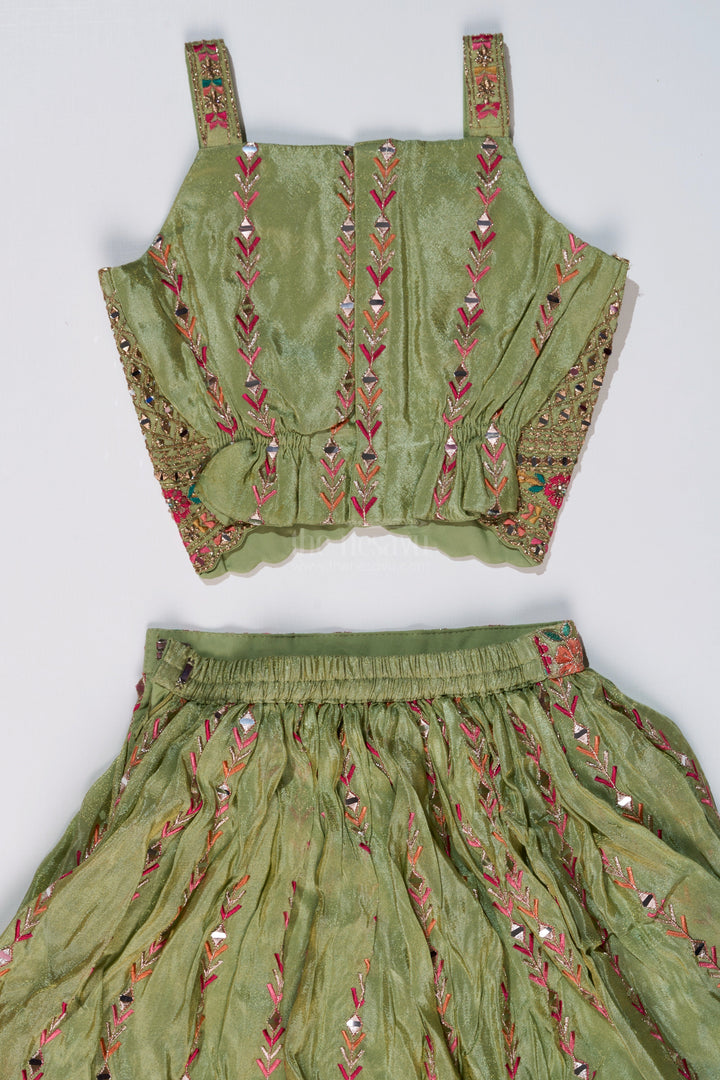 The Nesavu Girls Lehenga Choli Exquisite Green Lehenga for Girls with Floral Embroidery and Mirror Work Choli Nesavu Nesavu Exquisite Green Lehenga Girls Floral Embroidery Mirror Work Choli