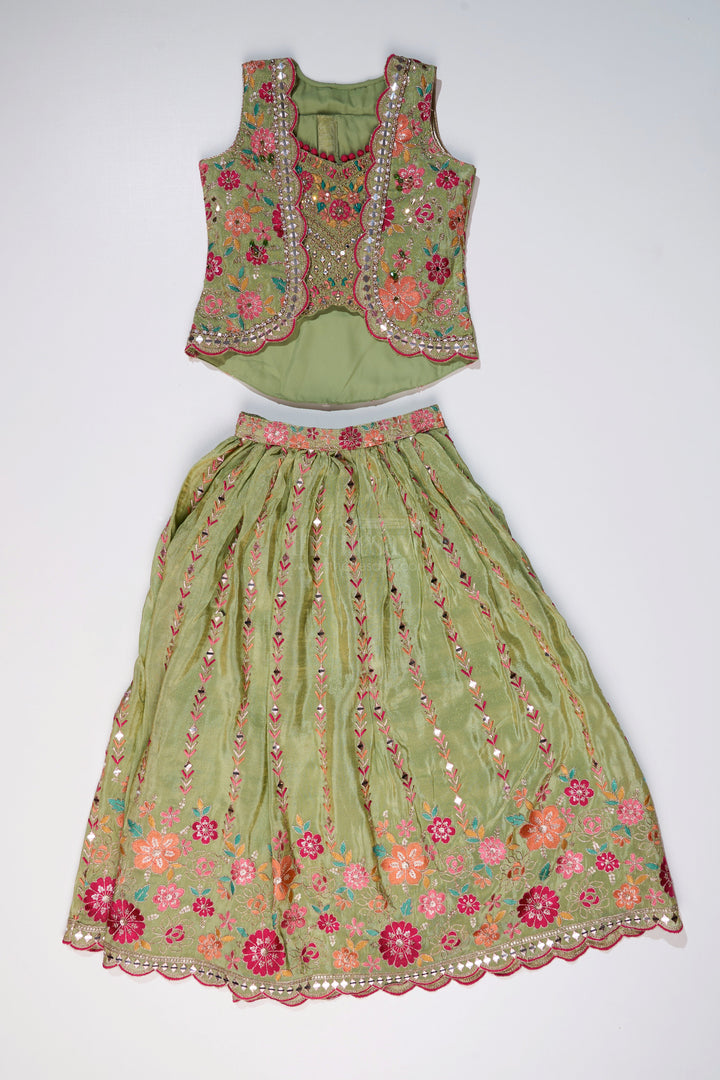 The Nesavu Girls Lehenga Choli Exquisite Green Lehenga for Girls with Floral Embroidery and Mirror Work Choli Nesavu Nesavu Exquisite Green Lehenga Girls Floral Embroidery Mirror Work Choli