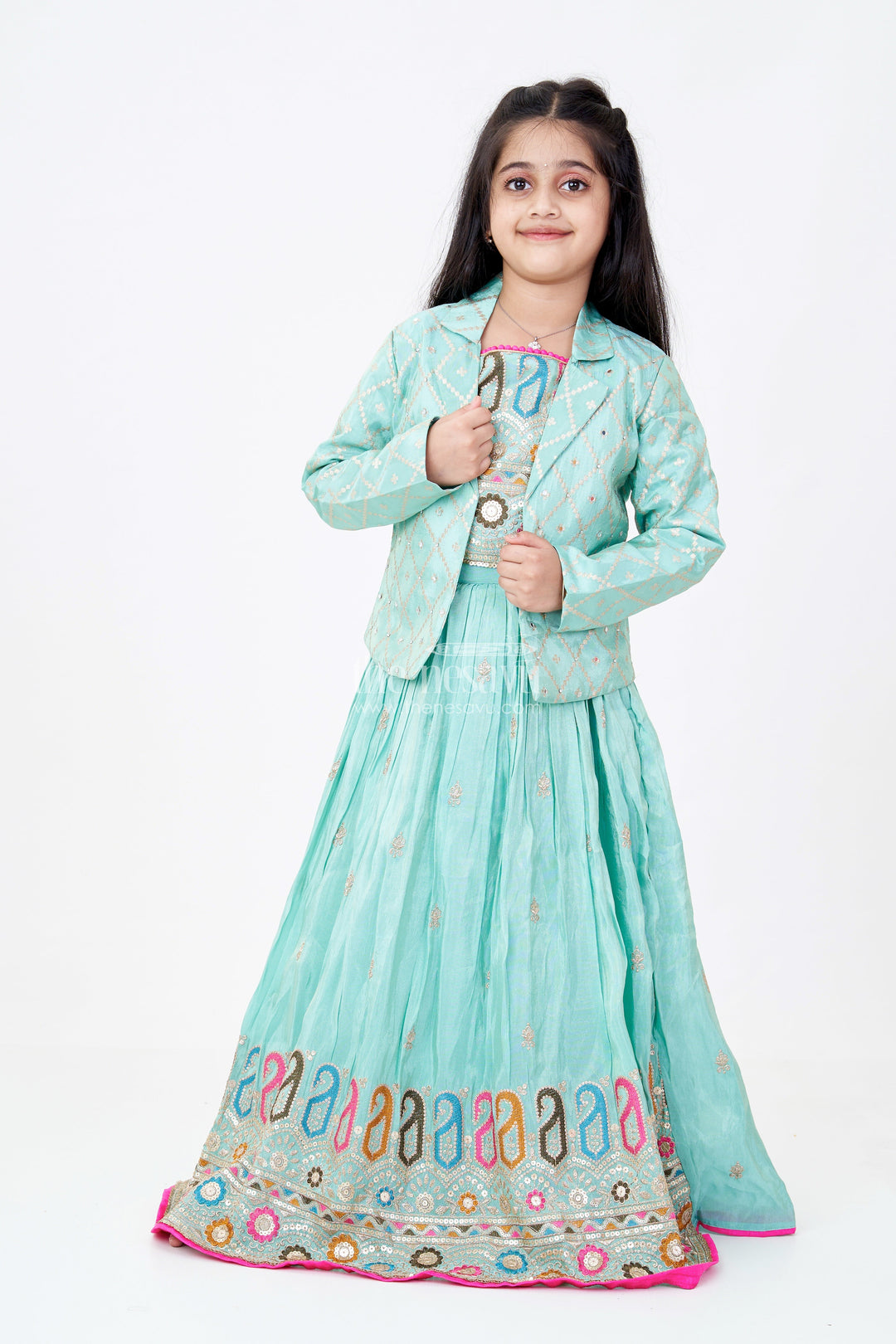 The Nesavu Girls Lehenga Choli Exquisite Light Green Lehenga for Girls with Designer Embroidery and Shimmer Chinon Silk Nesavu 24 (5Y) / Green GL589A-24 Nesavu Exquisite Light Green Lehenga Girls Designer Embroidery Shimmer Chinon Silk