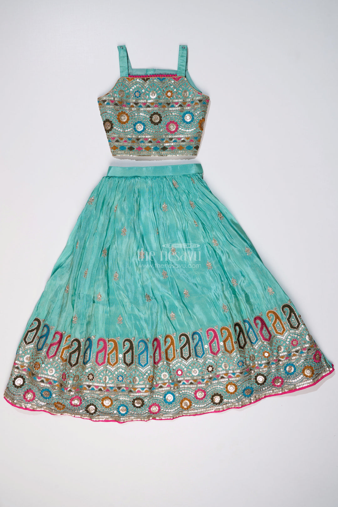 The Nesavu Girls Lehenga Choli Exquisite Light Green Lehenga for Girls with Designer Embroidery and Shimmer Chinon Silk Nesavu Nesavu Exquisite Light Green Lehenga Girls Designer Embroidery Shimmer Chinon Silk