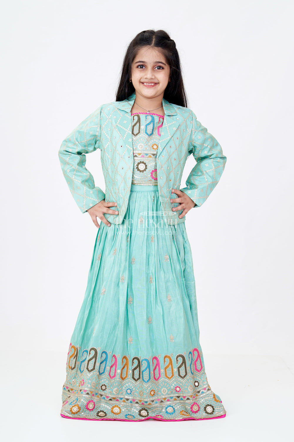 The Nesavu Girls Lehenga Choli Exquisite Light Green Lehenga for Girls with Designer Embroidery and Shimmer Chinon Silk Nesavu Nesavu Exquisite Light Green Lehenga Girls Designer Embroidery Shimmer Chinon Silk