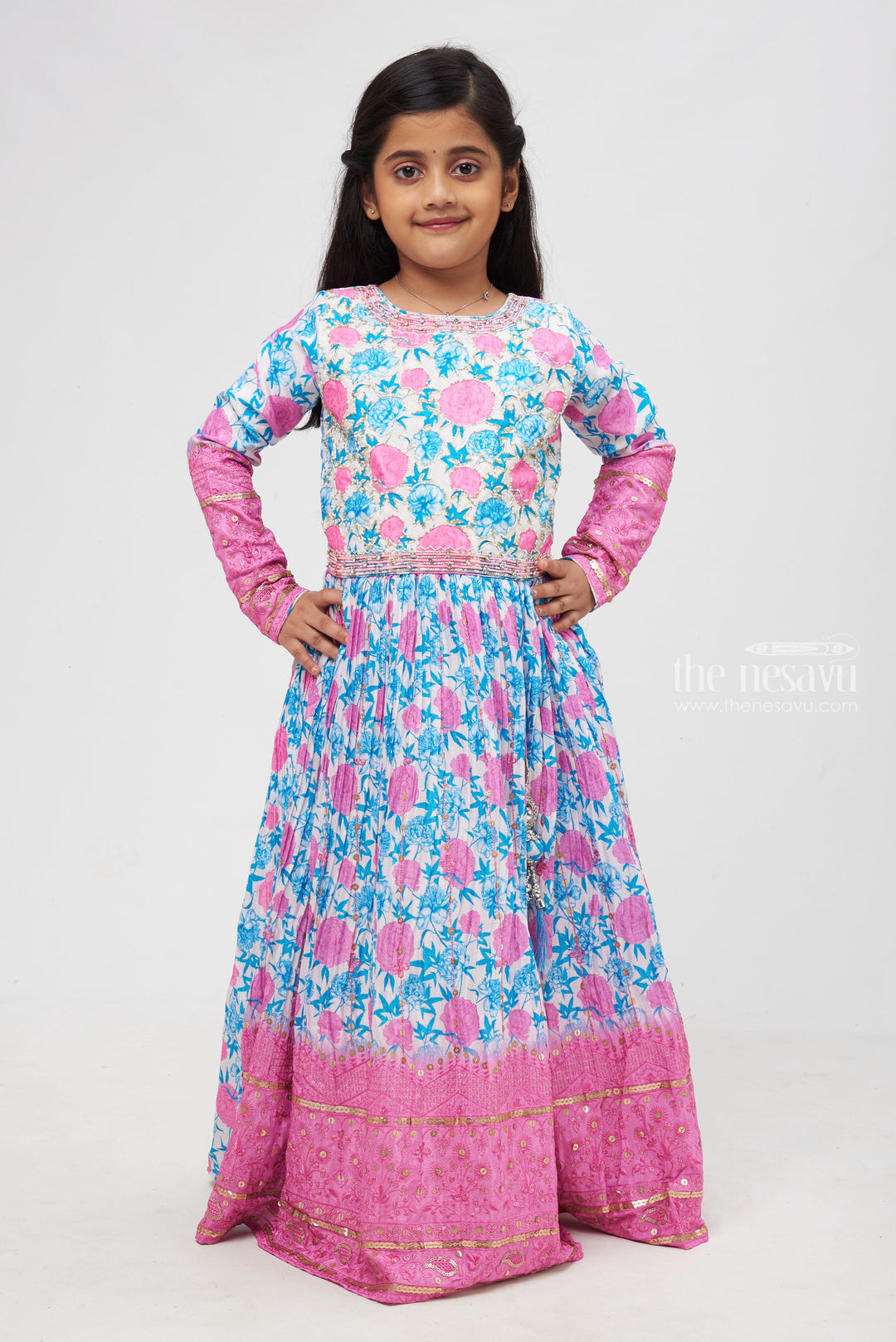 The Nesavu Girls Party Gown Exquisite Pearl Embroidered Floral Designer Pink Anarkali Gown for Girls- Diwali 2023 New Collection Nesavu 22 (4Y) / Pink / Chinnon GA152A-22 Pearl Embroidered Floral Designer Pink Anarkali Gown | Festive Elegance for Girls | The Nesavu
