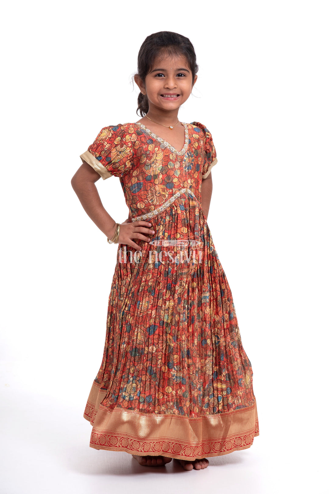 The Nesavu Girls Silk Gown Exquisite Red Kalamkari Chinon Party Gown for Girls Nesavu 18 (2Y) / Red GA233A-18 Exquisite Red Kalamkari Chinon Party Gown for Girls - Festive Wear | The Nesavu