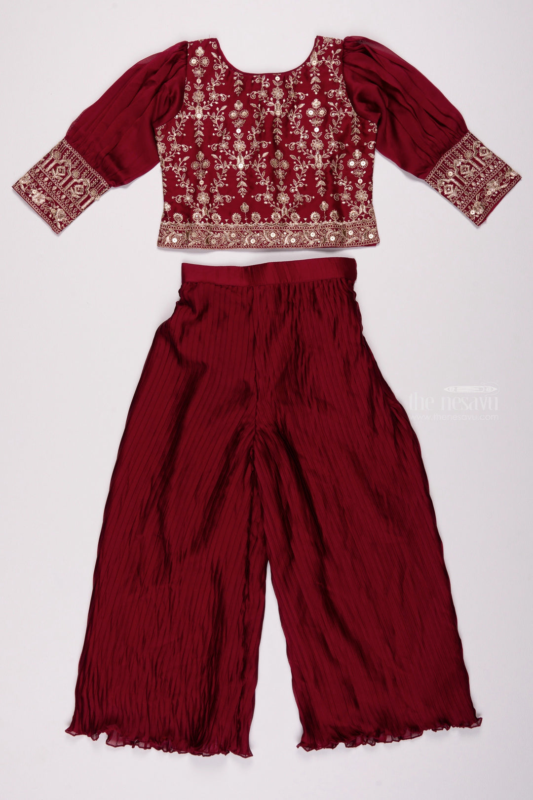 The Nesavu Girls Sharara / Plazo Set Exquisite Resham & Sequin Embroidered Purple Ensemble with Pleated Palazzo for Girls Nesavu 24 (5Y) / Purple / Silk Blend GPS187A-24 Kids Formal Elegance: Crop Top and Palazzo Set | Sophisticated Styles | The Nesavu