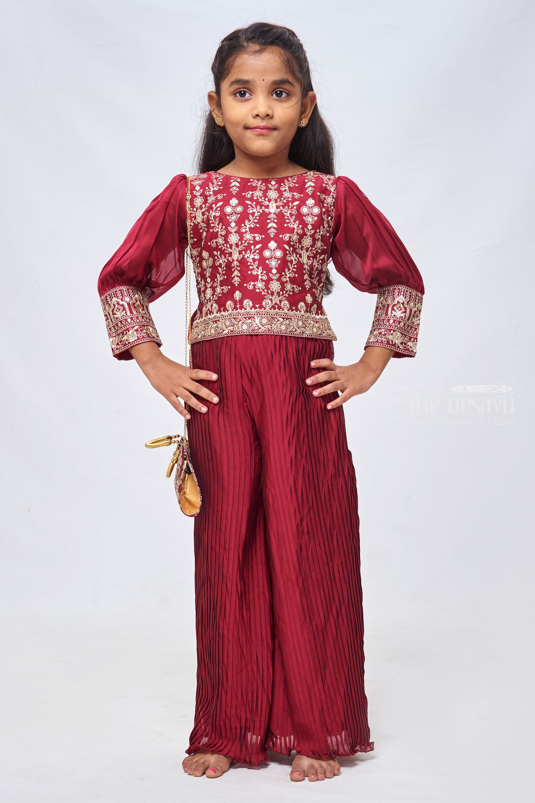 The Nesavu Girls Sharara / Plazo Set Exquisite Resham & Sequin Embroidered Purple Ensemble with Pleated Palazzo for Girls Nesavu 24 (5Y) / Purple / Silk Blend GPS187A-24 Kids Formal Elegance: Crop Top and Palazzo Set | Sophisticated Styles | The Nesavu