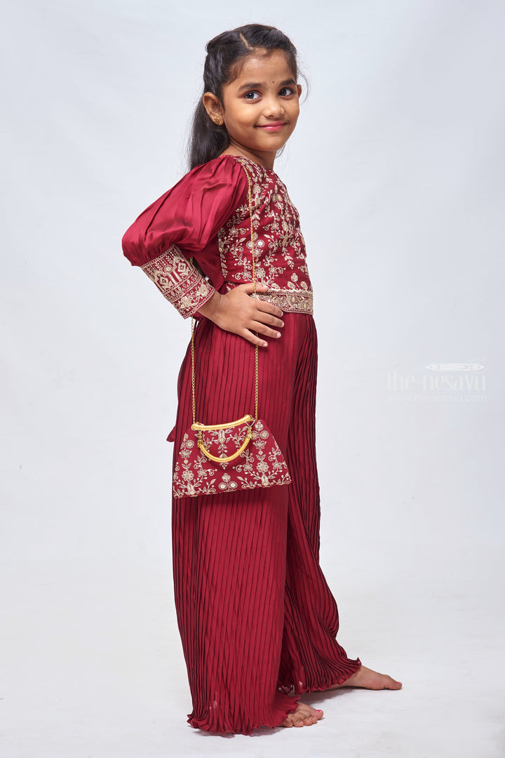 The Nesavu Girls Sharara / Plazo Set Exquisite Resham & Sequin Embroidered Purple Ensemble with Pleated Palazzo for Girls Nesavu Kids Formal Elegance: Crop Top and Palazzo Set | Sophisticated Styles | The Nesavu