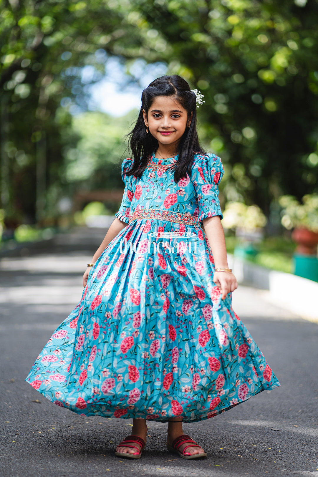 Buy Girls Teal Floral Embroidered Anarkali Gown The Nesavu – The