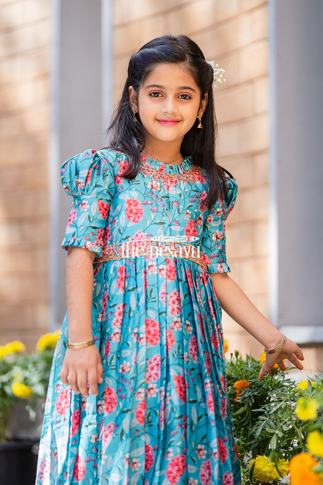 Buy Girls Teal Floral Embroidered Anarkali Gown The Nesavu – The