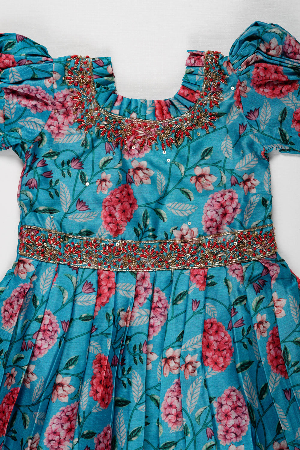 The Nesavu Girls Silk Gown Exquisite Teal Floral Anarkali Gown for Young Princesses Nesavu Buy Girls Teal Floral Embroidered Anarkali Gown | Unique Party Wear for Kids | The Nesavu
