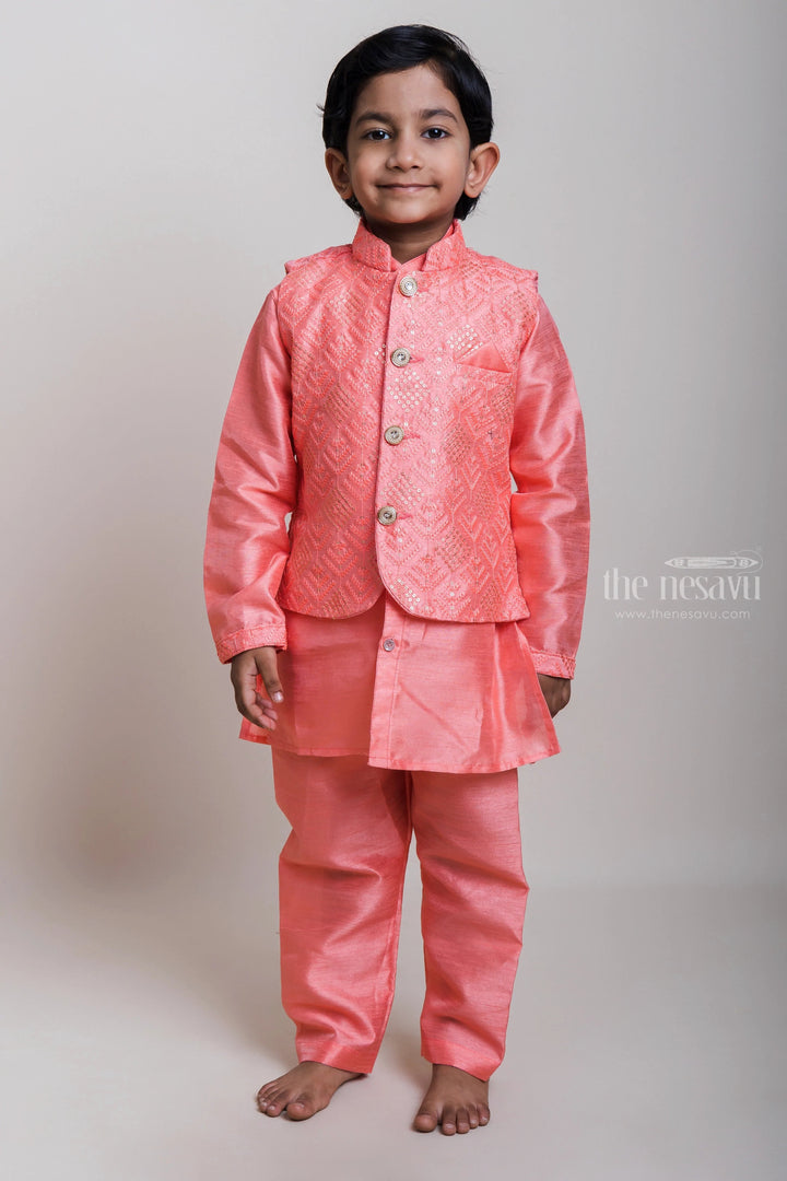 The Nesavu Boys Jacket Sets Eye-candy Pink Three Piece Kurta With Designer Overcoat For Little Boys Nesavu 16 (1Y) / Salmon / Silk Blend BES256A-16 Trending Three Piece Kurta Set For Boys| Ethnic Wear Kurta| The Nesavu