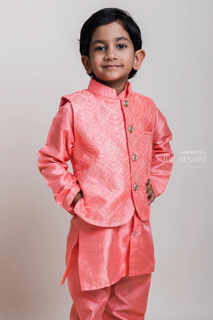 The Nesavu Boys Jacket Sets Eye-candy Pink Three Piece Kurta With Designer Overcoat For Little Boys Nesavu Trending Three Piece Kurta Set For Boys| Ethnic Wear Kurta| The Nesavu