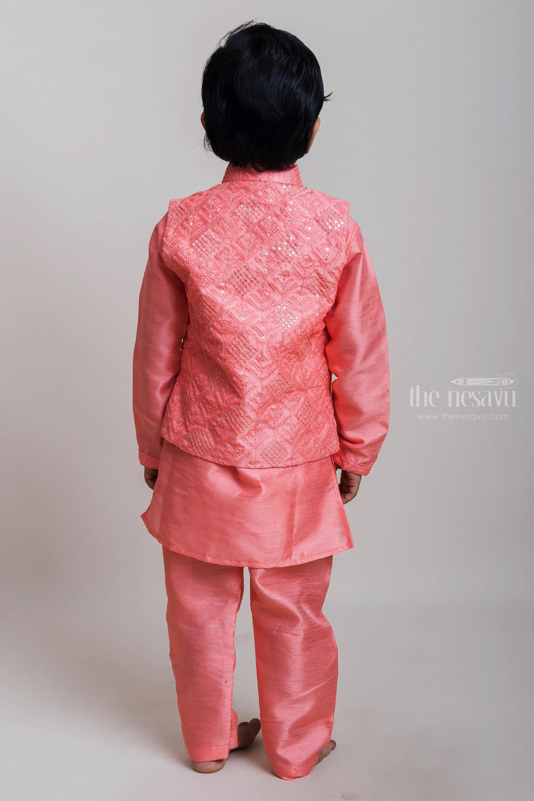 The Nesavu Boys Jacket Sets Eye-candy Pink Three Piece Kurta With Designer Overcoat For Little Boys Nesavu Trending Three Piece Kurta Set For Boys| Ethnic Wear Kurta| The Nesavu