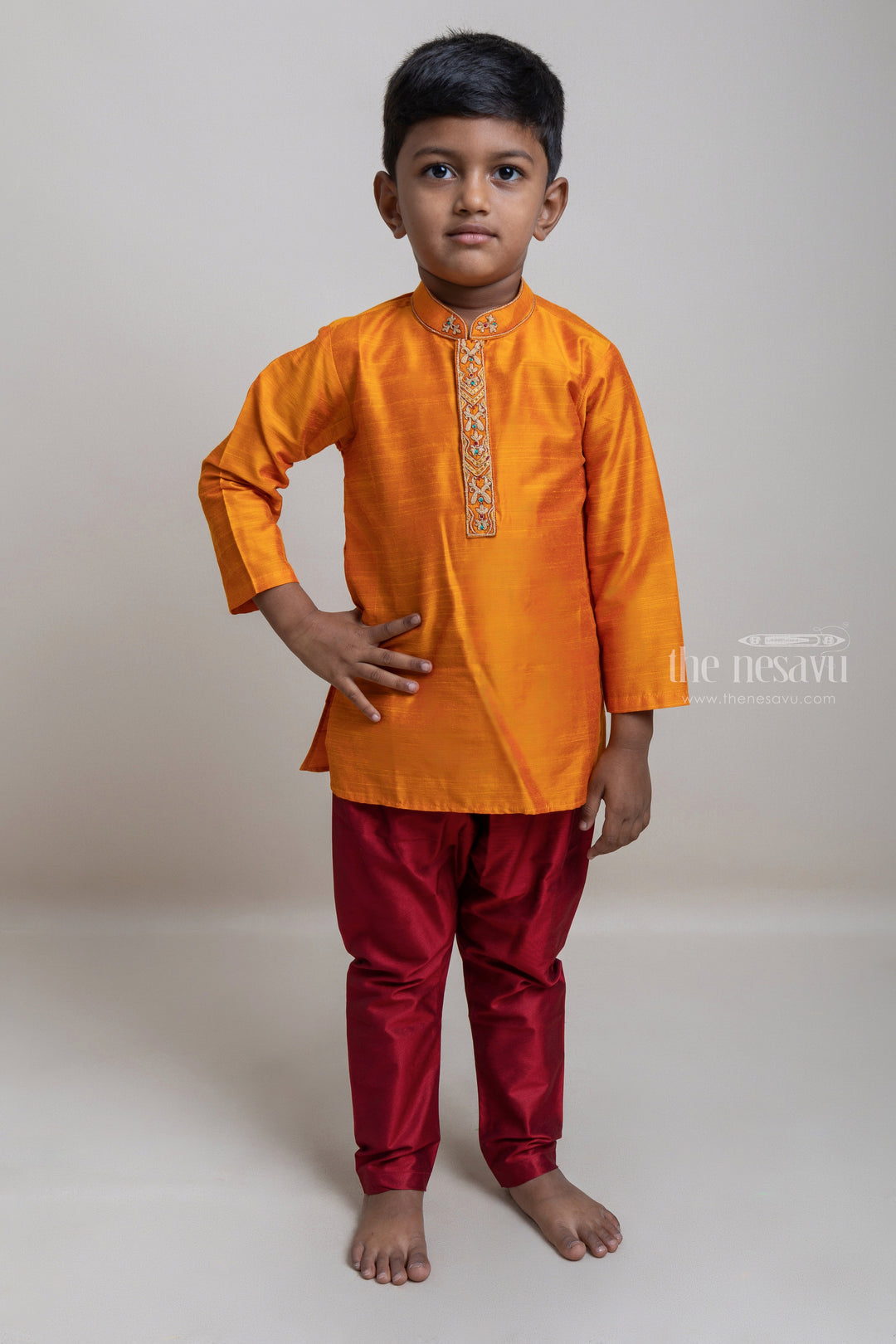 The Nesavu Boys Kurtha Set Eye-Catching Golden Yellow Kurta With Cherry Red Pant For Little Boys Nesavu 12 (3M) / Gold / Dupioni Silk BES299A-12 Exclusive Kurta Collection For Boys | Premium Kurta Collection | The Nesavu