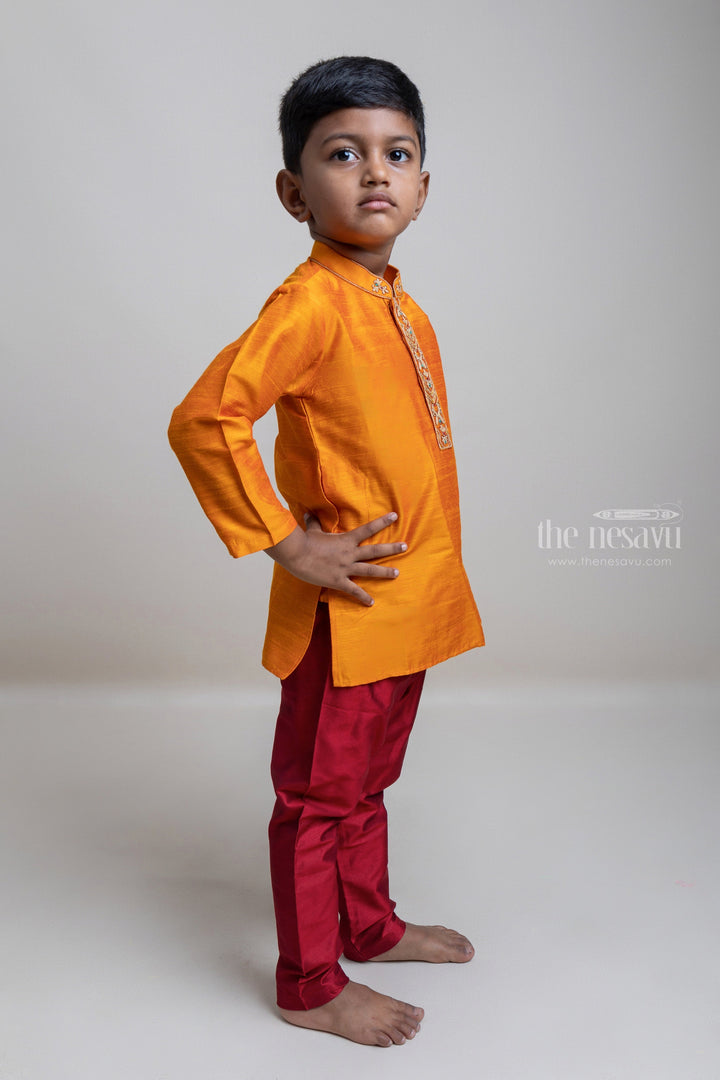 The Nesavu Boys Kurtha Set Eye-Catching Golden Yellow Kurta With Cherry Red Pant For Little Boys Nesavu Exclusive Kurta Collection For Boys | Premium Kurta Collection | The Nesavu