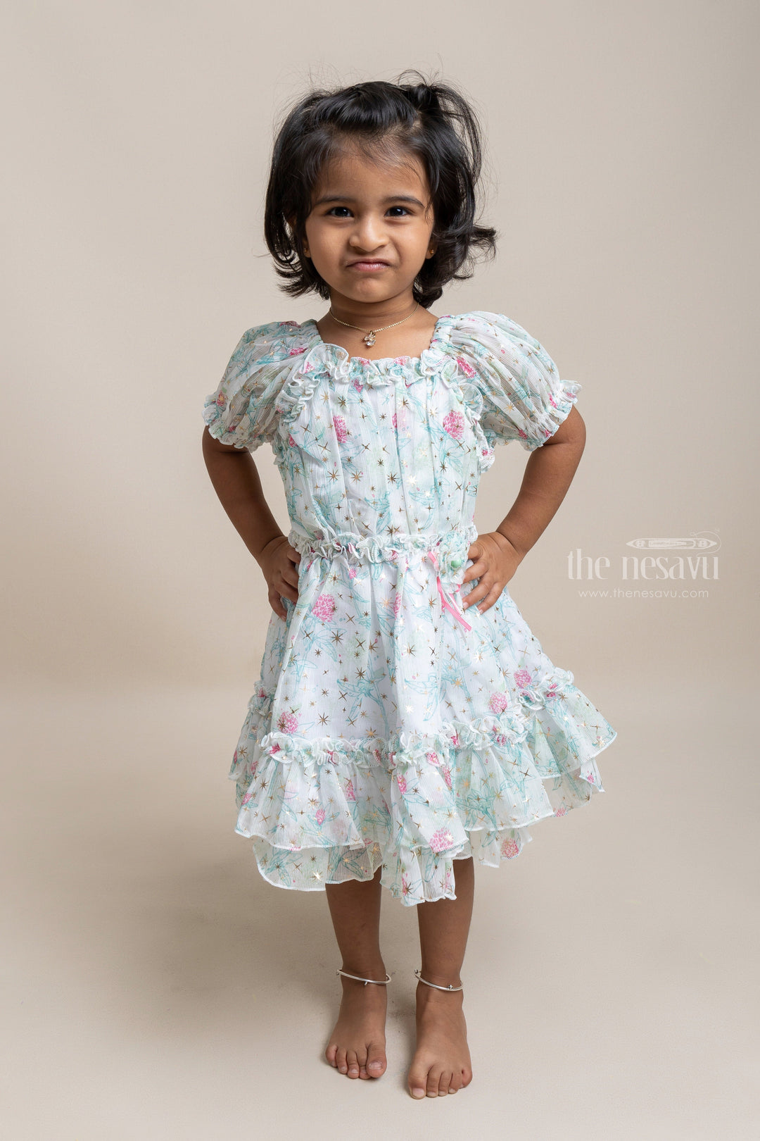 The Nesavu Baby Fancy Frock Eye-catching Green Floral Printed Ruffled Chiffon Frock for Baby girls Nesavu 14 (6M) / Green / Chiffon BFJ351A Floral Designed Baby Frock | New Arrivals For Baby girls | The Nesavu