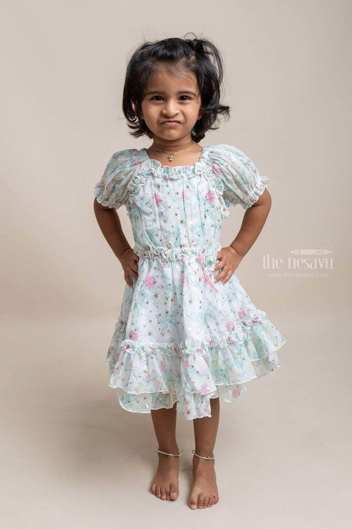 The Nesavu Baby Fancy Frock Eye-catching Green Floral Printed Ruffled Chiffon Frock for Baby girls Nesavu 14 (6M) / Green / Chiffon BFJ351A Floral Designed Baby Frock | New Arrivals For Baby girls | The Nesavu
