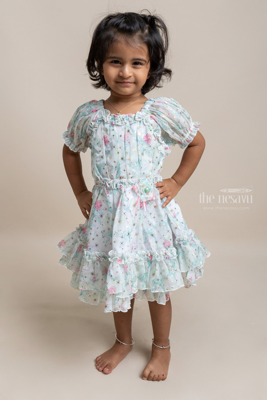 The Nesavu Baby Fancy Frock Eye-catching Green Floral Printed Ruffled Chiffon Frock for Baby girls Nesavu Floral Designed Baby Frock | New Arrivals For Baby girls | The Nesavu