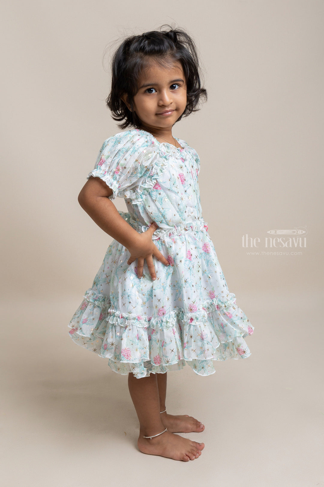 The Nesavu Baby Fancy Frock Eye-catching Green Floral Printed Ruffled Chiffon Frock for Baby girls Nesavu Floral Designed Baby Frock | New Arrivals For Baby girls | The Nesavu