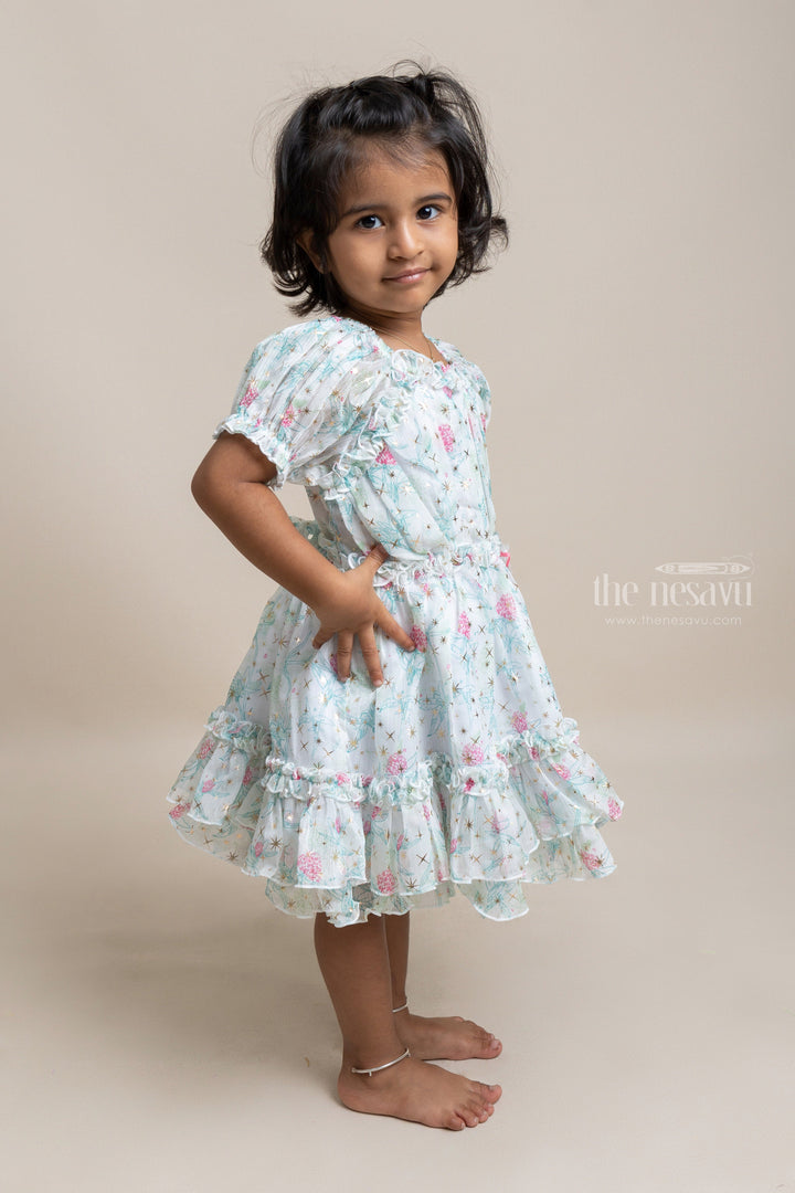 The Nesavu Baby Fancy Frock Eye-catching Green Floral Printed Ruffled Chiffon Frock for Baby girls Nesavu Floral Designed Baby Frock | New Arrivals For Baby girls | The Nesavu